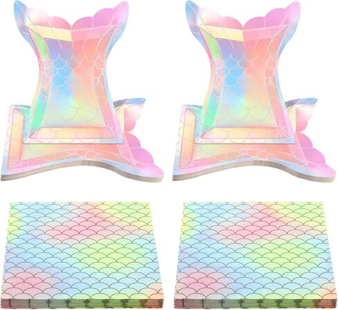 40 Pcs Iridescent Mermaid Party Supplies Set, 20 Clam Shell Plates and 20 Scales Napkins Mermaid Party Decorations Disposable Paper Plates and Napkins Seashell for Birthday (Shell) in Saudi Arabia