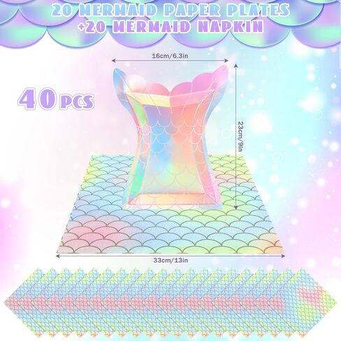 40 Pcs Iridescent Mermaid Party Supplies Set, 20 Clam Shell Plates and 20 Scales Napkins Mermaid Party Decorations Disposable Paper Plates and Napkins Seashell for Birthday (Shell) in Saudi Arabia