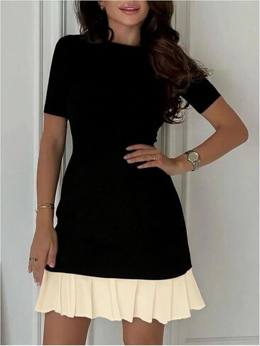 GORGLITTER Women's Color Block Ruffle Bubble Dress Crew Neck Short Sleeve Business Casual Bodycon Pleated Mini Dresses in Saudi Arabia