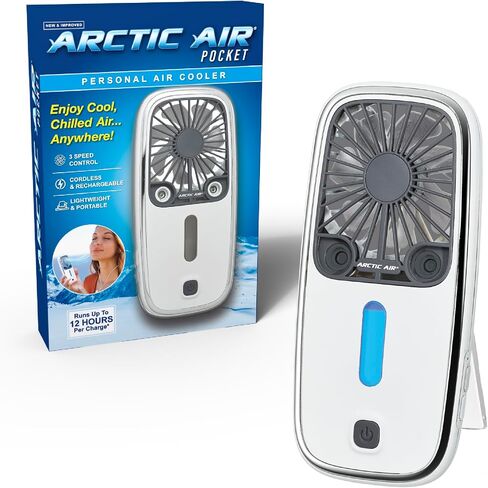 مبرد الهواء الشخصي Arctic Air Pocket Chill من Ontel - قوي 3 سرعات، خفيف الوزن، محمول، لاسلكي، مروحة تبريد شخصية قابلة لإعادة الشحن مع مسند مدمج in Saudi Arabia