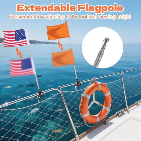 2 Pack American Boat Flag Pole Kit,12" x 18" Water Ski Boat Safety Flag with 79" Metal Retractable Boat Safety Flagpole and Fix Base for Kayak Floating Tubing Wakeboarding Swimming Surfing Watersports in Saudi Arabia