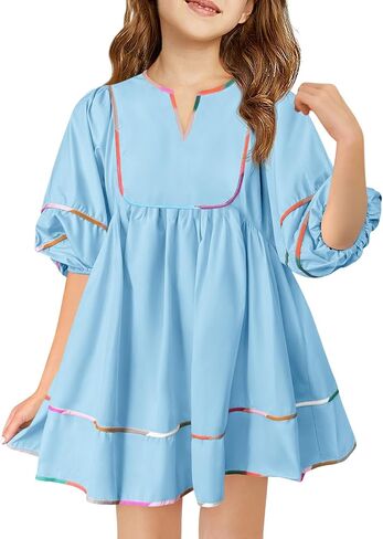 Haloumoning Girls 3/4 Lantern Sleeve Dress Kids Casual V Neck A-Line Flowy Dresses with Pockets 5-14 Years in Saudi Arabia