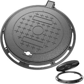 Cast Iron Manhole Cover and Frame, 12" B125 Septic Tank Lid with Base, Heavy Duty Round Sewage Basin Lid, Non-Slip Reinforced Sewage Basin Cover,Black Metal Inspection Cover. in Kuwait
