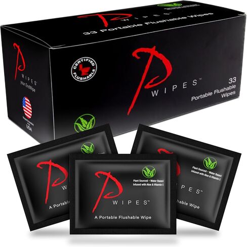 Flushable Wipes | Individually Wrapped | Adult Wet Wipes | Unscented with Vitamin-E & Aloe | Plant Based and Biodegradable | Septic and Sewer Safe | (33 On-The-Go Single Portable Wipes) in Saudi Arabia