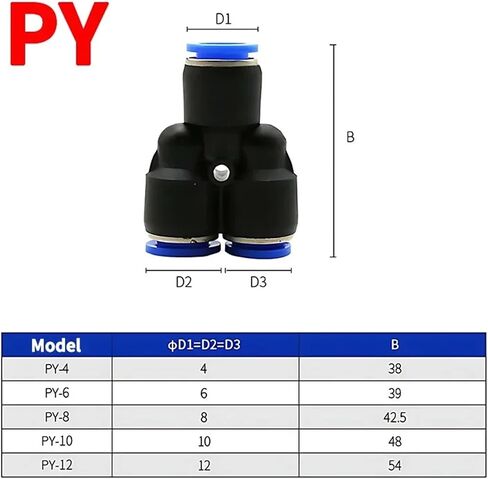 50pcs Py Premium Air Pneumatic التجهيزات 4mm 6mm 8mm 10mm 12mm البلاستيكية Tee Fitting موصل توصيلات الإفراج السريع (PY-12) in Saudi Arabia