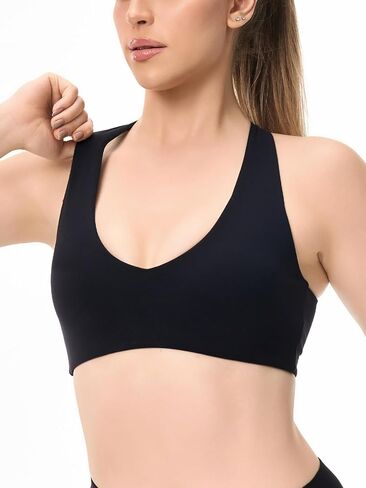 Women's V Neck Sports Bra Wide Straps Cross Back Light Compression Pated Pated Pated Yoga Top in Saudi Arabia