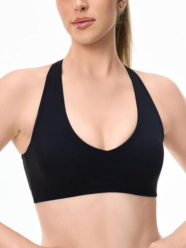 Women's V Neck Sports Bra Wide Straps Cross Back Light Compression Pated Pated Pated Yoga Top in Saudi Arabia