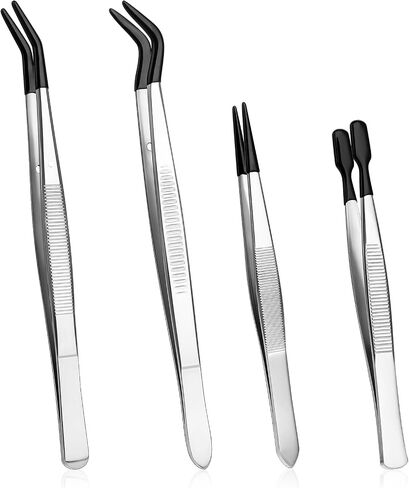 Tweezers with Rubber Tips Set 4 Pieces Rubber Tipped Pvc-Coated Hobby Craft Tweezers Set Bent and Straight Flat Tips Tweezer for Stamps Coins Jewelry Crafts Industrial Electronic Lab - Black in Saudi Arabia