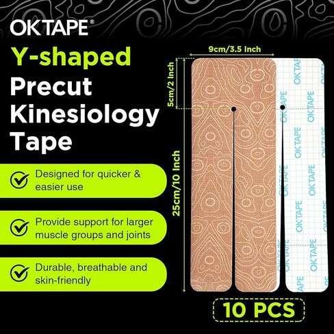 OK Tape Precut Y-Shape Tape للأشق الكتف ، الركبة ، الخلفية ، 10 أجزاء ، شرائط K ، توفر الدعم وتخفيف الانزعاج ، الشريط الرياضي المرن المقاوم للماء (3.5 "× 10" ، بيج) in Kuwait