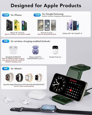 HATALKIN 3 in 1 Wireless Charging Station Compatible for Apple Products Multiple Devices Charger for Apple Watch ultra 10 9 8 7 SE 6 5 AirPods Pro iPhone 16 15 14 13 12 Pro Max/X/XS Fast Charger Stand in Saudi Arabia