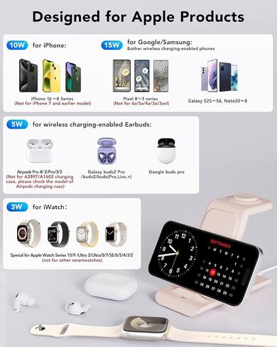 HATALKIN 3 in 1 Wireless Charging Station Compatible for Apple Products Multiple Devices Charger for Apple Watch ultra 10 9 8 7 SE 6 5 AirPods Pro iPhone 16 15 14 13 12 Pro Max/X/XS Fast Charger Stand in Saudi Arabia