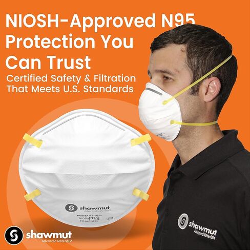 Shawmut Protex™ N95 Mask, Made in the USA NIOSH Approved, Particulate Respirators, Protective Face Mask for Dust, Construction, Medical, 1 Pack of 20 (Approval Number TC-84A-9295 / Model SR9520) in Kuwait