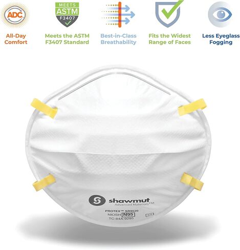 Shawmut Protex™ N95 Mask, Made in the USA NIOSH Approved, Particulate Respirators, Protective Face Mask for Dust, Construction, Medical, 1 Pack of 20 (Approval Number TC-84A-9295 / Model SR9520) in Saudi Arabia