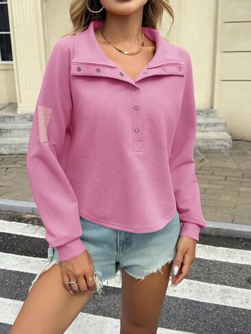 Fisoew Womens Sweatshirts غير الرسمي Henley Neck Snap Button Long Sleeve مضلعة فضفاضة قمم سقوط سقوط in Saudi Arabia