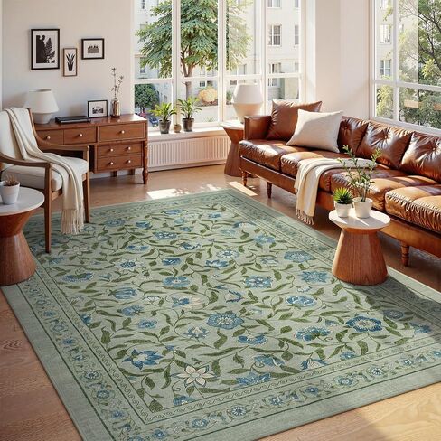 Collive Washable Entryway Rugs, Green 2 x 3 Spring Floral Rug Modern Soft Kitchen Carpet Non Slip, Vintage Bathroom Mats Stain Resistant Inside Front Door Mat for Entrance, Bedroom in Saudi Arabia
