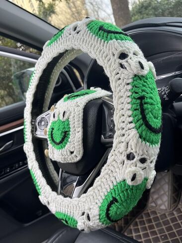 Crochet Cartoon Frog Steering Wheel Cover for Women,Standard 14-15 Inch Size Fits Most Vehicles,Car Interior Accessories Decorations (A,Steering Wheel Cover) in Saudi Arabia