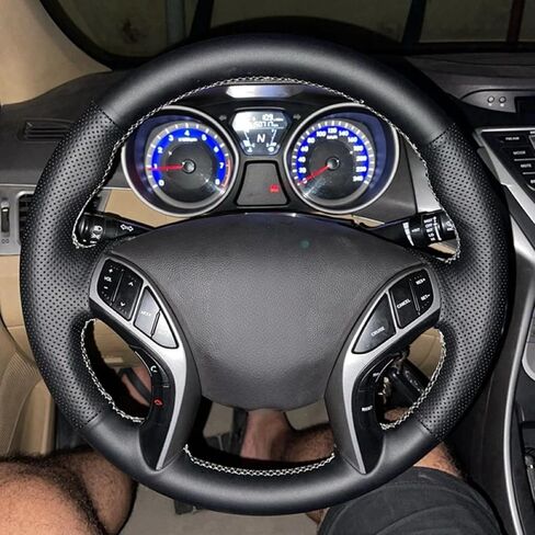 for Hy-undai Elantra 2011-2016 Avante i30 2012-2016, Hand Sewing Non-Slip Black Leather Car Steering Wheel Braid Cover in Saudi Arabia
