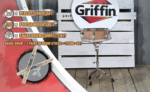 Griffin 14 "X 5.5" Snare Drum Kit (Poplarpro Edition) - قذيفة خشبية مع حامل ، 2 أزواج من عصي القيقب ، مفتاح ، 8 العروات المعدنية ومصفاة التغلب - إعداد الممارسة in Saudi Arabia
