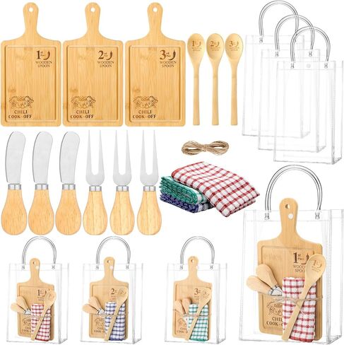 Patelai Set of 3 Chili Cook off Trophies Chili Cook off Prizes 1st 2nd 3rd Bamboo Cheese Board Butter Knives Fork Spoon Plaid Towel Gift Bags Competition Gifts for Men Women Festivals Decorations in Saudi Arabia