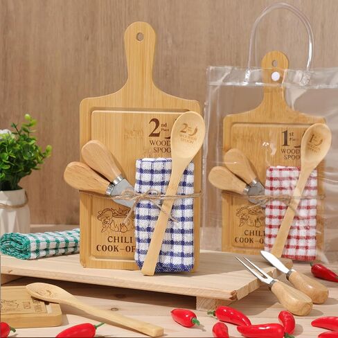 Patelai Set of 3 Chili Cook off Trophies Chili Cook off Prizes 1st 2nd 3rd Bamboo Cheese Board Butter Knives Fork Spoon Plaid Towel Gift Bags Competition Gifts for Men Women Festivals Decorations in Saudi Arabia