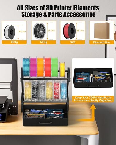 رف تخزين خيوط سطح المكتب من طابقين مع درج النسيج - رف براعة الطابعة ثلاثية الأبعاد لفيلال PLA/ABS/TPU ، منظم الطاولة للمكتب المنزلي ، استوديو ورشة العمل (الصف المزدوج الأسود) in Kuwait