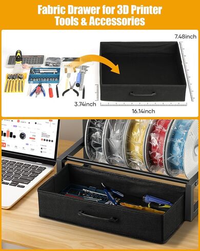 رف تخزين خيوط سطح المكتب من طابقين مع درج النسيج - رف براعة الطابعة ثلاثية الأبعاد لفيلال PLA/ABS/TPU ، منظم الطاولة للمكتب المنزلي ، استوديو ورشة العمل (الصف المزدوج الأسود) in Kuwait