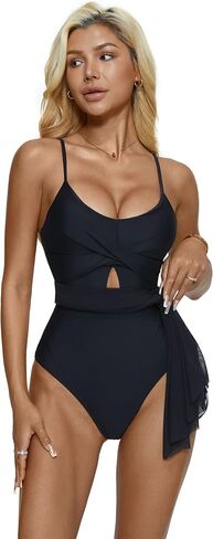 RXRXCOCO Womens Cutout One Piece Swim Dresses Tummy Control Bathing Suit with Skirt Twist Front Mesh Swimsuit in Saudi Arabia