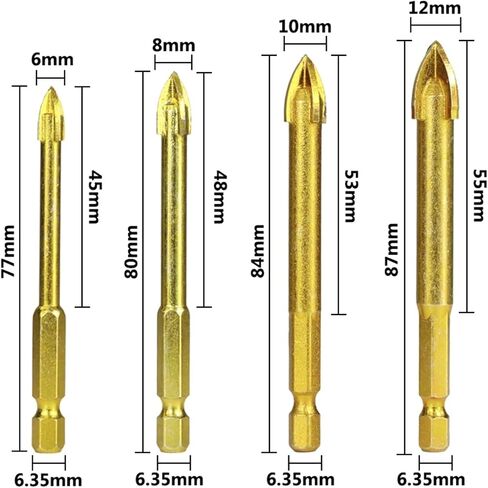 Carbide Glass Drill Bit Set Alloy Carbide Point with 4 Cutting Edges Tile&Glass Cross Spear Head Drill Bits 6/8/10/12mm 1Pcs(12mm) in Saudi Arabia