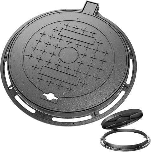 Cast Iron Manhole Cover and Frame, 12" B125 Septic Tank Lid with Base, Heavy Duty Round Sewage Basin Lid, Non-Slip Reinforced Sewage Basin Cover,Black Metal Inspection Cover. in Kuwait