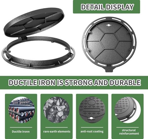 Cast Iron Manhole Cover and Frame, 12" B125 Septic Tank Lid with Base, Heavy Duty Round Sewage Basin Lid, Non-Slip Reinforced Sewage Basin Cover,Black Metal Inspection Cover. in Kuwait