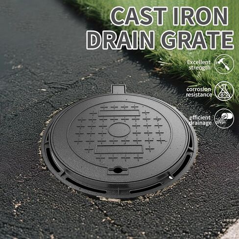 Cast Iron Manhole Cover and Frame, 12" B125 Septic Tank Lid with Base, Heavy Duty Round Sewage Basin Lid, Non-Slip Reinforced Sewage Basin Cover,Black Metal Inspection Cover. in Kuwait