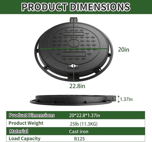 Cast Iron Manhole Cover and Frame, 12" B125 Septic Tank Lid with Base, Heavy Duty Round Sewage Basin Lid, Non-Slip Reinforced Sewage Basin Cover,Black Metal Inspection Cover. in Kuwait