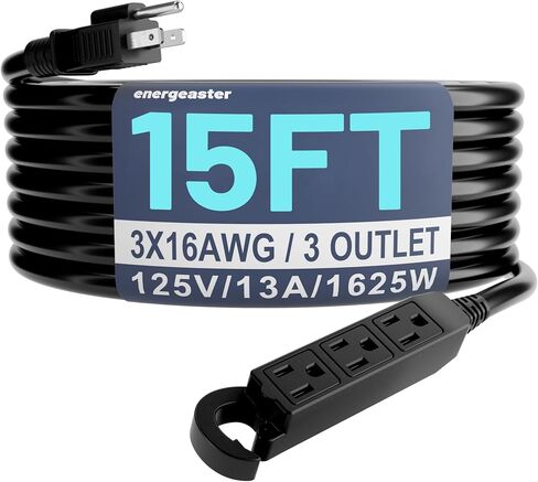 16/3 15 Ft 3 Outlet Extension Cord Outdoor Waterproof, Black Extension Cords with Multiple Outlets, 3 Prong with Multi Outlet Outside 13A 1625W 16AWG, ETL Listed in Kuwait