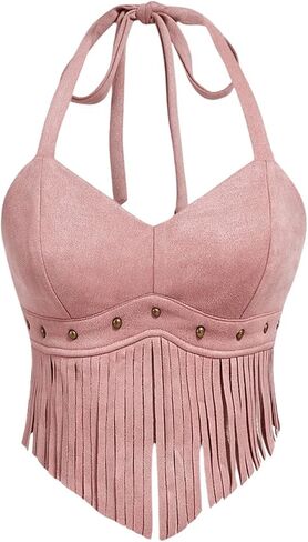 Wdirara Women's Women's Fringe Hem Tie Tie Backless Halter Vest Slim Fit Suede Suede Brics Broc Takes in Kuwait