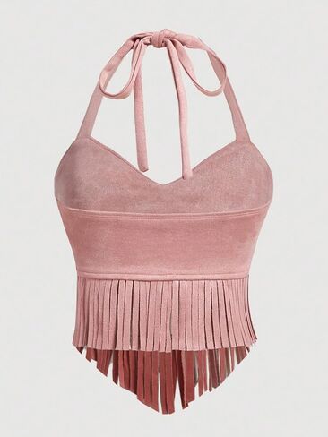 Wdirara Women's Women's Fringe Hem Tie Tie Backless Halter Vest Slim Fit Suede Suede Brics Broc Takes in Kuwait