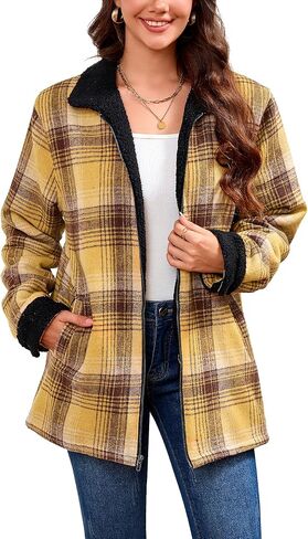 Women's Sherpa Lined Jackets Sherpa Turn-Down Collar Full Zip Fleece Flannel Jacket for Women Trendy in Kuwait