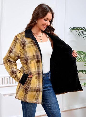 Women's Sherpa Lined Jackets Sherpa Turn-Down Collar Full Zip Fleece Flannel Jacket for Women Trendy in Kuwait