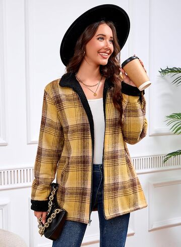 Women's Sherpa Lined Jackets Sherpa Turn-Down Collar Full Zip Fleece Flannel Jacket for Women Trendy in Kuwait