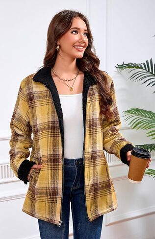 Women's Sherpa Lined Jackets Sherpa Turn-Down Collar Full Zip Fleece Flannel Jacket for Women Trendy in Kuwait