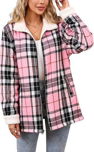 Women's Sherpa Lined Jackets Sherpa Turn-Down Collar Full Zip Fleece Flannel Jacket for Women Trendy in Kuwait