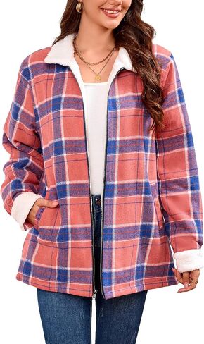 Women's Sherpa Lined Jackets Sherpa Turn-Down Collar Full Zip Fleece Flannel Jacket for Women Trendy in Kuwait