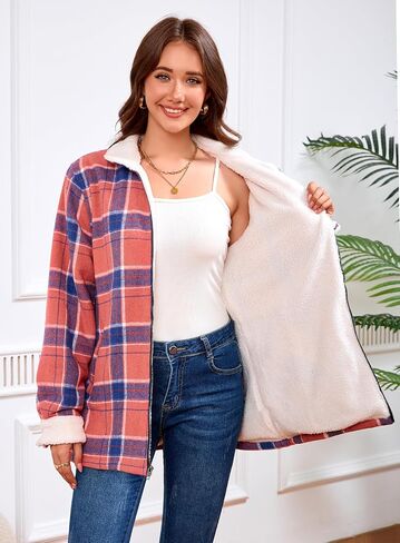 Women's Sherpa Lined Jackets Sherpa Turn-Down Collar Full Zip Fleece Flannel Jacket for Women Trendy in Kuwait