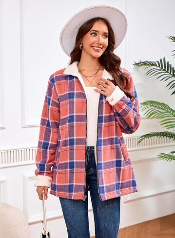 Women's Sherpa Lined Jackets Sherpa Turn-Down Collar Full Zip Fleece Flannel Jacket for Women Trendy in Kuwait