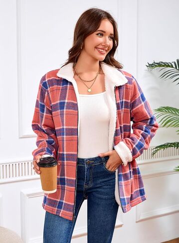Women's Sherpa Lined Jackets Sherpa Turn-Down Collar Full Zip Fleece Flannel Jacket for Women Trendy in Kuwait