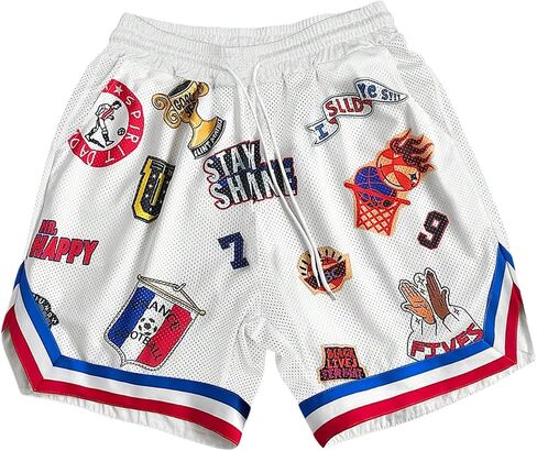 GORGLITTER Men's Y2K Graphic Basketball Shorts Striped Trim Drawstring Waist Workout Drippy Shorts in Saudi Arabia
