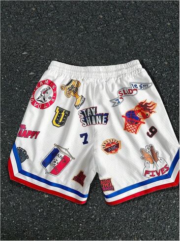 GORGLITTER Men's Y2K Graphic Basketball Shorts Striped Trim Drawstring Waist Workout Drippy Shorts in Saudi Arabia