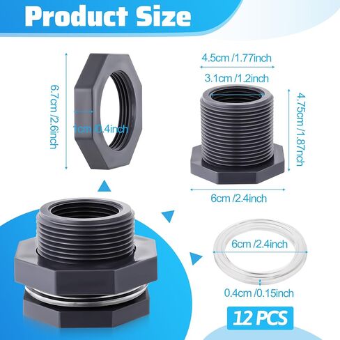 12Pcs Bulkhead Fitting 1 Inch Pvc Bulkhead with Plug Water Tank Connector Adapter Fitting Double Threaded Hose Adapter Silicon Seal Gasket Water Tank Connector for Aquariums, Rain Bucket in Saudi Arabia
