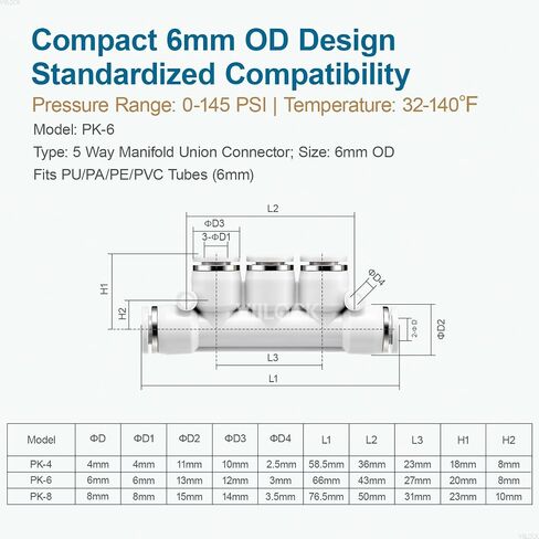 Push to Connect Tube Fittings, 5 Way 6mm OD Plastic Inline Manifold Union Air Line Fittings PK-6 (Pack of 6) in Saudi Arabia