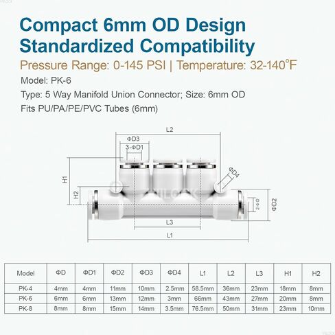 Push to Connect Tube Fittings, 5 Way 6mm OD Plastic Inline Manifold Union Air Line Fittings PK-6 (Pack of 6) in Kuwait