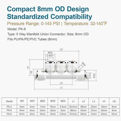Push to Connect Tube Fittings, 5 Way 6mm OD Plastic Inline Manifold Union Air Line Fittings PK-6 (Pack of 6) in Saudi Arabia